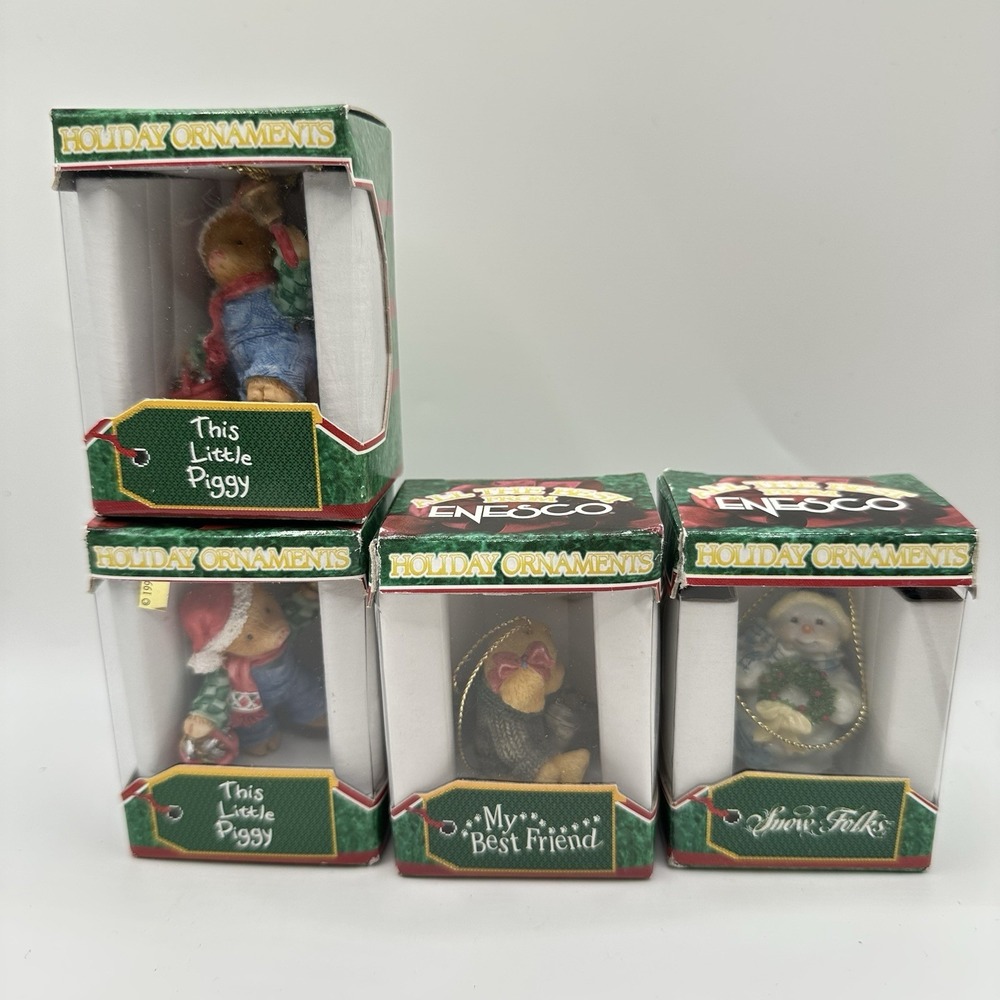 Lot Of 4 New In Box Enesco Holiday Ornaments This Little Piggy Snowman Puppy 2"